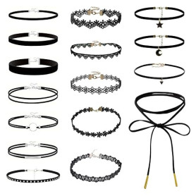 PYSEOSISE Collier Ras-du-Cou Noir, 15 Pièces Colliers Choker Femme, Chokers en Velours Noir Réglables Collier Gothique Tour de C
