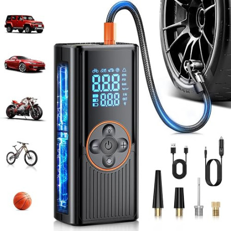 Gonfleur Pneus Voiture Sans Fil 8000mAh, 150PSI Compresseur à Air Portatif, Gonfleur Electrique pour Double Alimentation avec Af