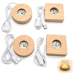 Snugloo Socle LED Bois Lot de 4, pour Figurines Cristal 3D, USB Dimmable | Socle LED avec USB, Lumière Chaude, pour Figurines Cr