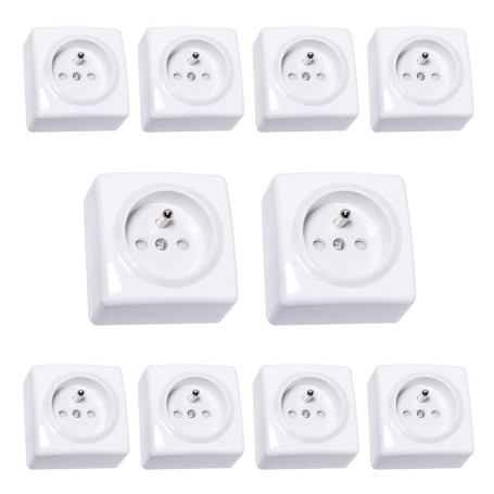 Lot de 10 Prises Apparentes 2P+T +S Blanches – Installation en saillie – Intensité 16A – Tension 250V – Puissance 3680W – Indice