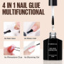 TOMICCA 4 en 1 Colle Faux Ongles Extra Forte 15ml | Gummy Base Pose Americaine et, Pose Américaine Ongles Capsules, UV/LED Longu