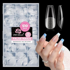 UNA GELLA Capsule Americaine Ongle Ballerina Medium, 510 pcs 15 Tailles, Capsules Ongles Gel Pré-Buffées Sans Limage, Faux Ongle