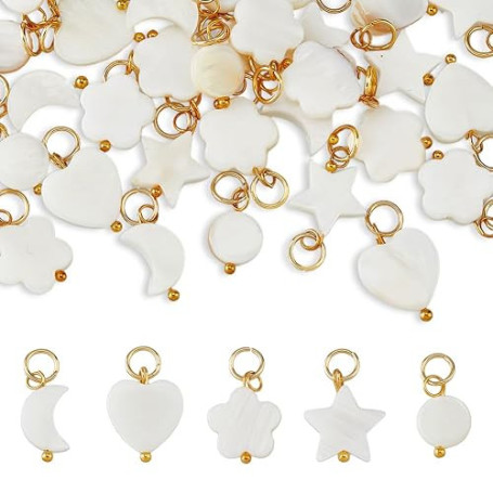 SUPERFINDINGS 40Pcs 5 Styles Charms en coquillage d'eau douce Pendentifs en forme d'étoile de lune et de coeur avec anneau de sa