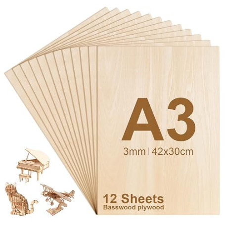 FoiiLiio 12 Pièces A3 Contreplaqué 3mm, Feuilles de bois de tilleul 42 x 30cm, Feuilles de bois minces pour modélisme, gravure,
