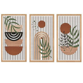 Yixuan 3 Pièces Sculptures Murales Décoratives en Bois Léger, Décor Boho Chic avec Motifs Feuille et Formes Géométriques, Art Mu