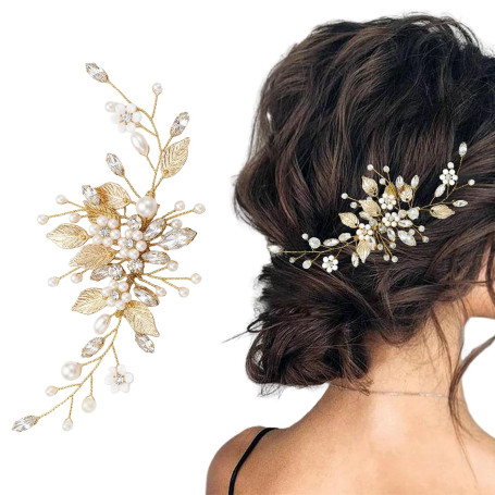 Peigne à Cheveux pour Mariée avec Fleurs et Perles, Or Bijoux Cheveux, Accessoire Cheveux Mariage, Fleurs de Mariage Feuilles Vi