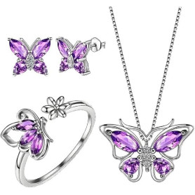 TOFBS 3 Pièces Ensemble Bijoux Papillon Cristal Améthyste Collier Boucles D'oreilles Bague Femme Bijouterie Élégante Argent Bril