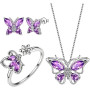 TOFBS 3 Pièces Ensemble Bijoux Papillon Cristal Améthyste Collier Boucles D'oreilles Bague Femme Bijouterie Élégante Argent Bril
