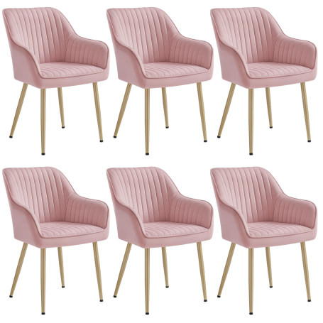 SONGMICS Ensemble de 6 Chaises de Salle à Manger, Velours, Rose Bonbon | Chaise Confortable avec Accoudoirs, Pieds en Métal Or P