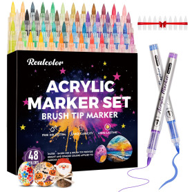 realcolor Marqueurs de peinture acrylique 48 couleurs, marqueurs de peinture à pointe brosse douce pour bois, pierre, toile, ver