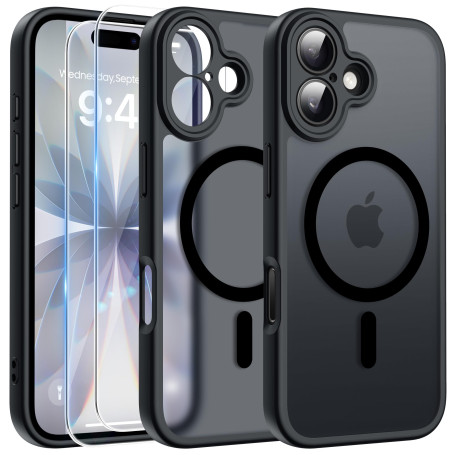 FLLAO Magnétique Coque pour iPhone 17 avec 2 Verre Trempé, Compatible avec MagSafe, Protection d'objectif Tout Compris, Etui Tra