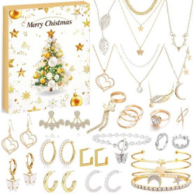 Calendrier de l'avent Bijoux argent et or, Calendrier de l'avent 2026 Femme | Bracelet Collier Bague Boucles d'oreilles 24 Surpr