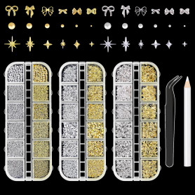 Sularpek 3 Boîtes de Breloques pour Ongles, 36 Types d'Accessoires de Nail Art en Or et Argent, Nœuds, Étoiles, Perles, avec Pin