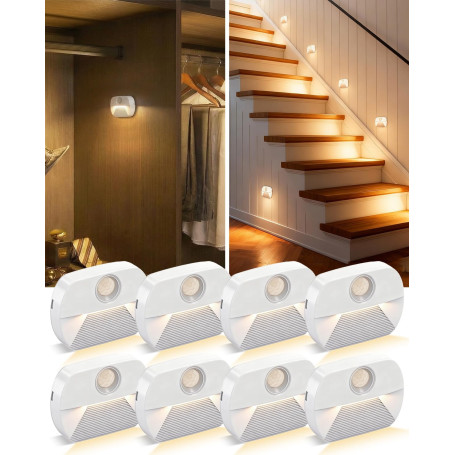 8 x Veilleuse LED Pile, Interrupteur automatique, Détecteur de mouvement | Lampe Placard Adhésive pour Couloir, Escalier, Cuisin
