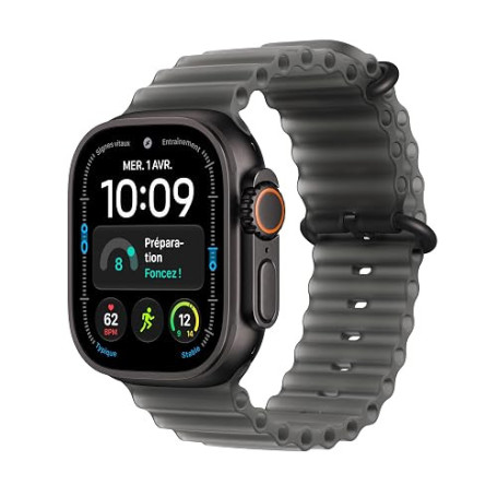 Apple Watch Ultra 4 GPS + Cellular, Boîtier en Titane Noir de 49 mm | Bracelet Océan noir translucide. Suivi avancé de santé et