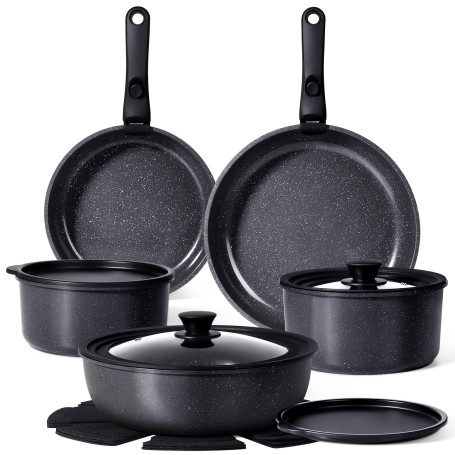 GiPP 15 PCS Batterie Cuisine en CéRamique AntiadhéSive et Poignee Amovible | Sets de Poêles et Casseroles Non Toxique, Poele Ind