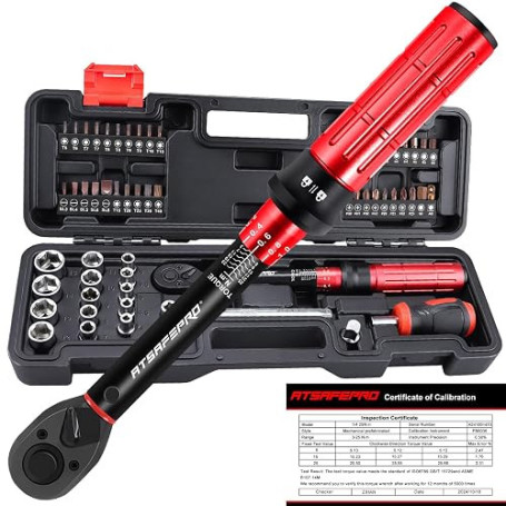 ATsafepro Clé Dynamométrique 1/4", 3-25 Nm, Kit 61 Pièces avec Tournevis Magnétique, Tête Réversible, Précision ±3%, pour Vélo,