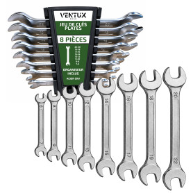 VENTUX GEAR Clés plates jeu 8 pièces – 6-22 mm clés fixes avec organisateur | Pour mécanicien et atelier – Double fourche : 16 t