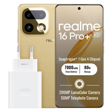 realme 16 Pro+ 5G Smartphone 12+512Go, Gold | Batterie 7000mAh, Charge rapide 80W, Écran 6,8 pouces, 144Hz, Appareil photo 200MP