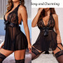 ROSVAJFY Dentelle Nuisette Dos Nu Sexy avec Bas, Ensemble Babydoll Lingerie Transparente avec Jarretières, Chemise de Nuit Coqui