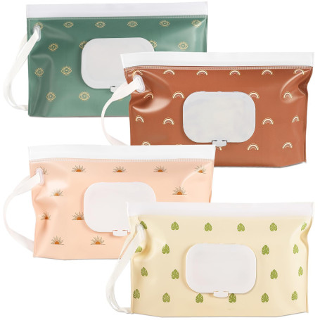 Teouuas 4 Pièces Sac de Lingettes Humides, Sac de Lingettes Humides pour Bébé en Déplacement, Lingette Humide Réutilisable, Humi