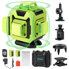 STANEW Niveau Laser Chantier 4D 16 Lignes Vert Autonivelant 4 x 360°±3°, Mode Pulsé Extérieur, 2x2400mAh Batterie Rechargeable+S
