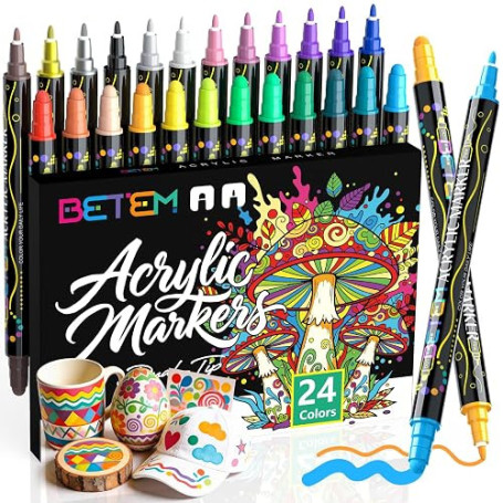 Betem 24 Couleurs Feutre Acrylique à Double Pointe, Stylo Marqueur Peinture Acrylique pour Bois, Toile, Pierre, Tissu, Peinture