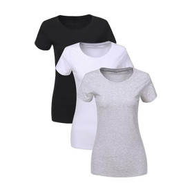 LiKing T-Shirt pour Femmes à Encolure Ronde Coton Manche Courte Chemisier Tee Shirt De Sport Blouse Tops Set Lot de 1/3