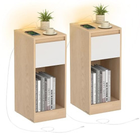 VASAGLE Lot de 2 Tables de Chevet Étroites, avec Éclairage LED | Lot de 2 Tables d’Appoint, 1 Port USB-A, 1 Port USB-C, 1 Tiroir