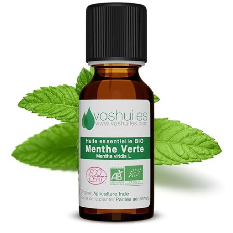 VOSHUILES - Huile Essentielle Menthe verte BIO 10ml | 100% Pure et Naturelle - HEBBD - Certifiée BIO Ecocert - Confort digestif