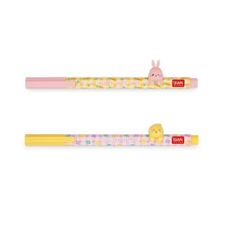 Legami - Lot de 2 Stylos Gel Lovely Friends, Hoppy Easter, Edition Limitée, Petit Animal Décoratif Amovible et Recomposable