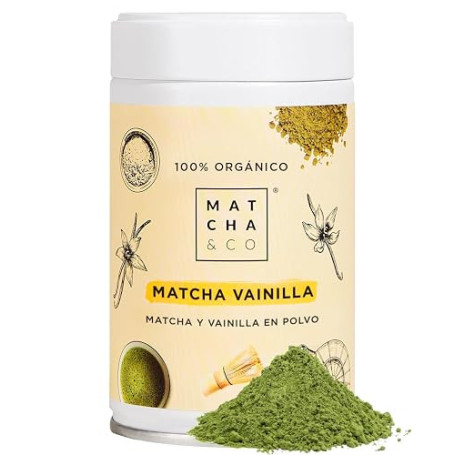Matcha & CO | Thé Matcha Original à la Vanille (80 g) | Thé Vert en Poudre Japonais Saveur Vanille | Thé Vert en Poudre | Sans É