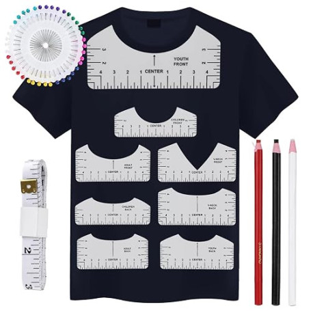 Guide De Règle De T-Shirt, 8 Pièces Règles D'alignement pour T-Shirt En PVC avec Mètre Ruban De 1,5 m, 40 Aiguilles, 3 Crayons D