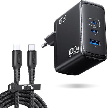 INIU 100W Chargeur USB C, 3-Port Chargeur Rapide et Compact AVCE 100W Câble | GaN Tech, Type C Adaptateur pour MacBook Neo, iPad