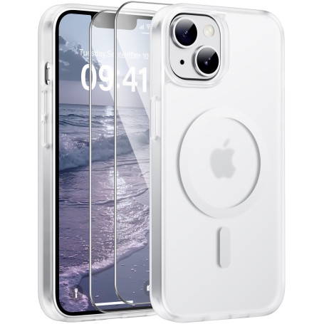 Opkiegrn Coque pour iPhone 13/iPhone 14 avec 2 Verre Trempé - Blanc | Magnétique, Compatible avec MagSafe, Antichoc, Antirayures