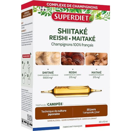 Shiitaké Reishi Maitaké - Champignons 100% français - Immunité - Ampoules | Cure 20 ampoules 10ml-Shiitaké 9000mg, Reishi 375mg,