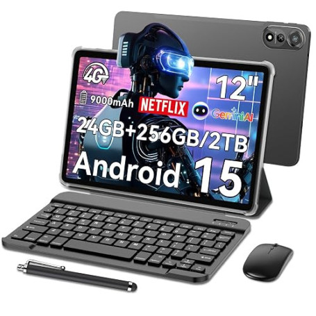 Blackview Mega2 12 Pouces Tablette avec Clavier, Android 15 Tablette 2K FHD+, 24Go RAM 256Go ROM, 4G LTE 5G WiFi, Gemini AI, 900