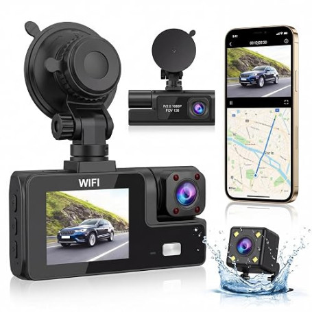Caméra Dashcam 3 caméras 1080P Full HD | Sécurité maximale 360° sans Angle Mort, Vision Nocturne & stationnement surveillé, WiFi