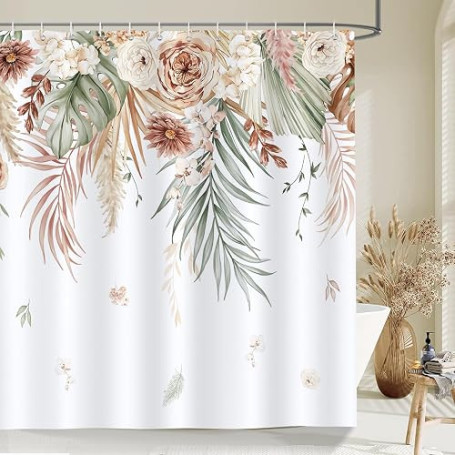 Bonhause Rideau de Douche Boho Tropicale Fleurs Feuilles Rideau de Bain Tissu Polyester Anti Moisissure Imperméable Lavable Ride