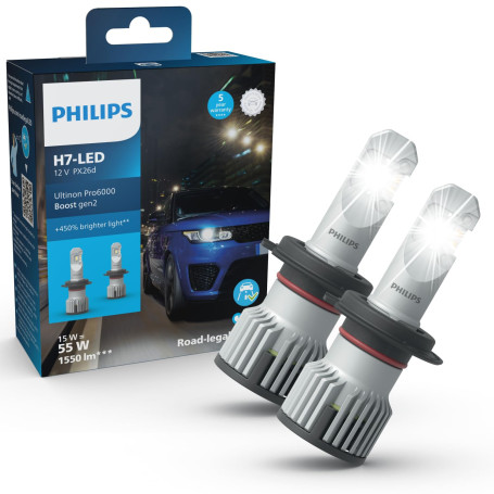 PHILIPS Ultinon Pro6000 Boost H7-LED, Ampoules LED Automobiles, 12V PX26d, 1550 lm, Lumière +450% Plus Brillante