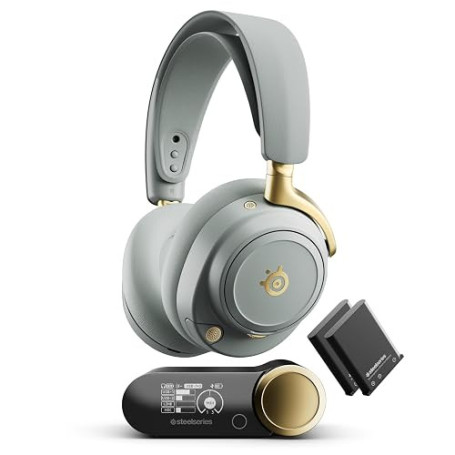 SteelSeries Arctis Nova Elite -Sage&Gold- Casque Gaming sans Fil- 96 kHz / 24 Bits - Haut-parleurs en Fibre de Carbone -ANC- Réd