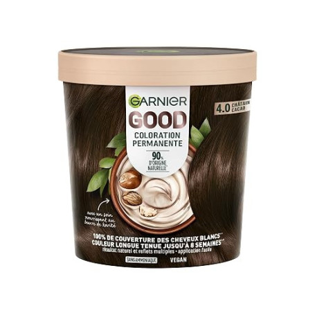 Garnier Good Coloration Permanente Châtain Cacao 4.0 Sans Ammoniaque | 90% ingrédients origine naturelle, Formule vegan, Beurre