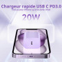 20W Chargeur pour iPhone 17/16, PD3.0 Chargeur USB C Charge Rapide 2Pack | 20W Prise USB C avec 2M Câble USB C pour iPhone 17/16