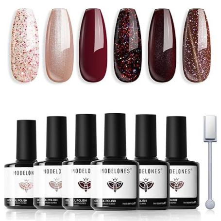 Modelones Vernis Semi Permanent,Vernis Gel UV Semi Permanent Paillettes Nude Rouge Brun Étincelles 6 Couleur Vernis à Ongles Soa