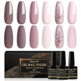 Shining She Vernis Semi Permanent, 6 Couleurs Nudee Rose Taupe Paillettes Gel UV Semi Permanent Soak Off UV/LED Vernis à Ongles