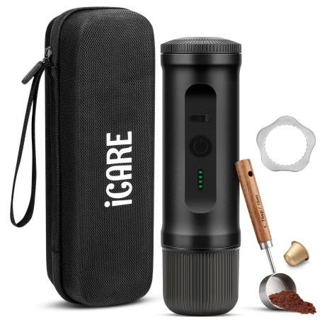 ICARE Machine a Cafe Portable, avec Sac de Rangement, Support et Cuillère | 2 en 1 compatible capsules et café moulu, à chauffag