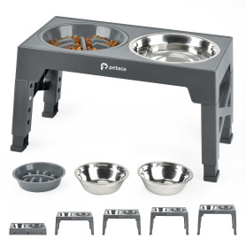 Gamelles Chiens Surélevées de 5 Hauteurs Ajustables, 2 Bols INOX, Gris | Gamelle Anti-glouton 0,8L, Bols Inox Durables, Amovible