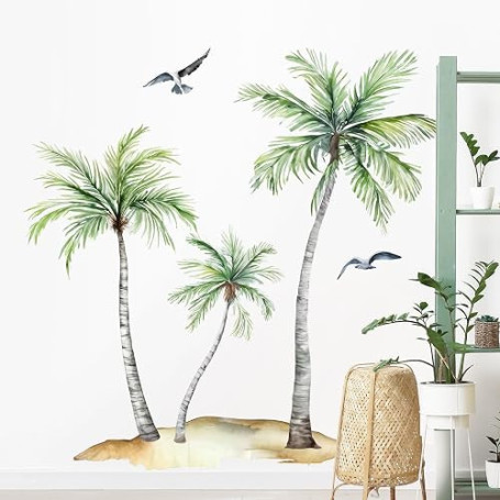 Supzone Stickers Muraux Palmiers & Mouettes Autocollant Mural Tropical avec Oiseaux Marins - Déco Murale Amovible sans Trace pou