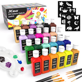24 couleurs de peinture textile en flacon (60 ml) pinceaux, palette, pochoirs peintures textiles non toxiques pour T-shirt, chau