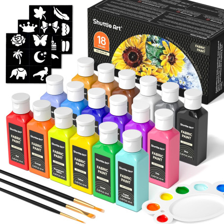 Shuttle Art Peinture Textile 18 Couleurs (60ml) avec Pinceaux Palette | Peintures pour Textiles Non Toxique avec Pochoirs, Peint